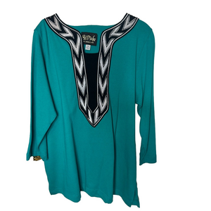Bob Mackie Wearable Art teal tunic top w/ black and white embellishments Size M